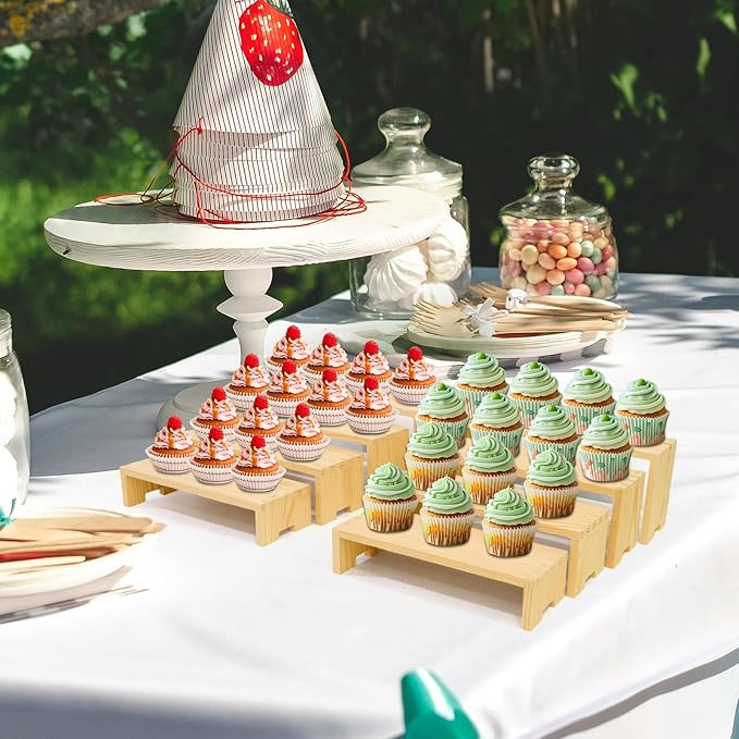 Large Display Wood Risers Wooden Stand 4 Tier Wood Racks, 2 Set 8 Pieces Cupcake Stands Cologne Perfume Organizer Dessert Stands for Vendors Event