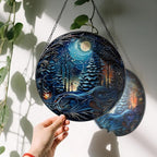 8-Inch Starry Night Forest Suncatcher Ornament, Stained Glass Window Hanging & Stained Glass Holiday Ornament, Sun Catcher Window Decor — Magical Gift for Nature Lovers, Gifts for Christmas & Holidays