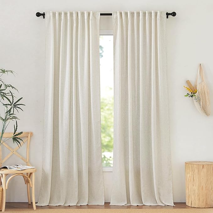 NICETOWN Thick Linen Living Room Curtains 2 Panels Set, Back Tab/Rod Pocket with Pleat Tape Privacy Added with Light Filtering Window Treatments for Bedroom, Natural, W52 x L90
