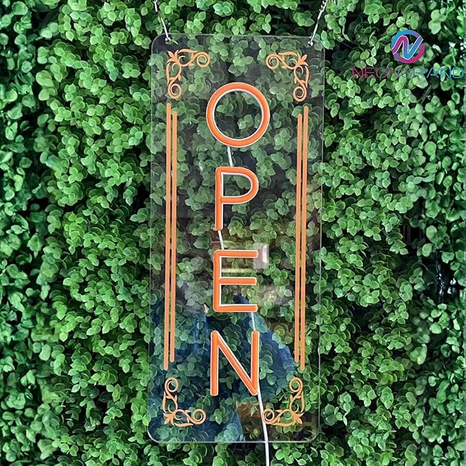 Vertical LED Open Sign - UV printing Pattern, LED Open Signs for business – USB Powered Neon Wall Light, Neon Sign for Shop, Window, or Business Use (7x16.5'', Orange)