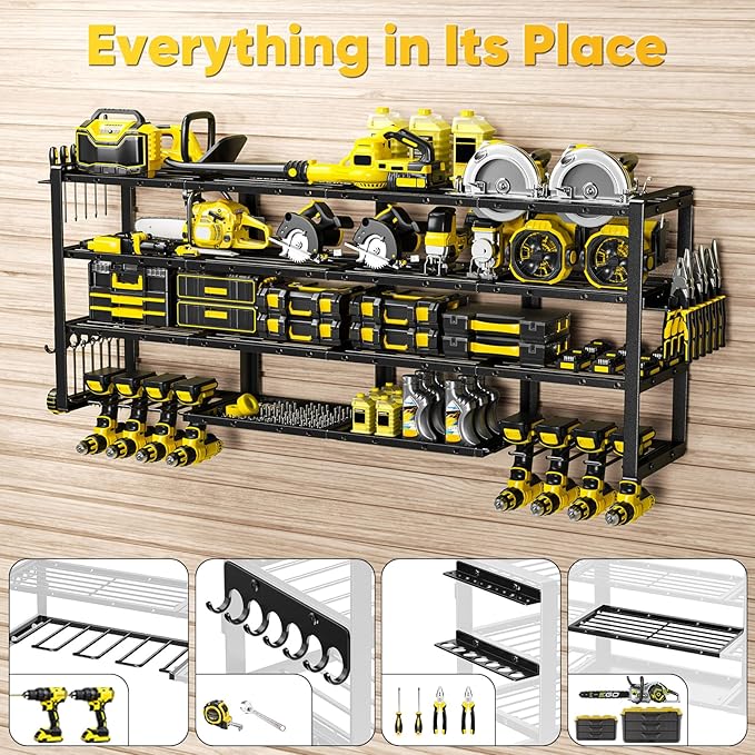 Extra Large 64" W Power Tool Organizer Wall Mount, Load 1000 lbs, Heavy Duty 4 Tier Garage Storage Rack with 8 Drill Holders, 2 in 1 Corner or Straight Installation, Christmas Gift for Men