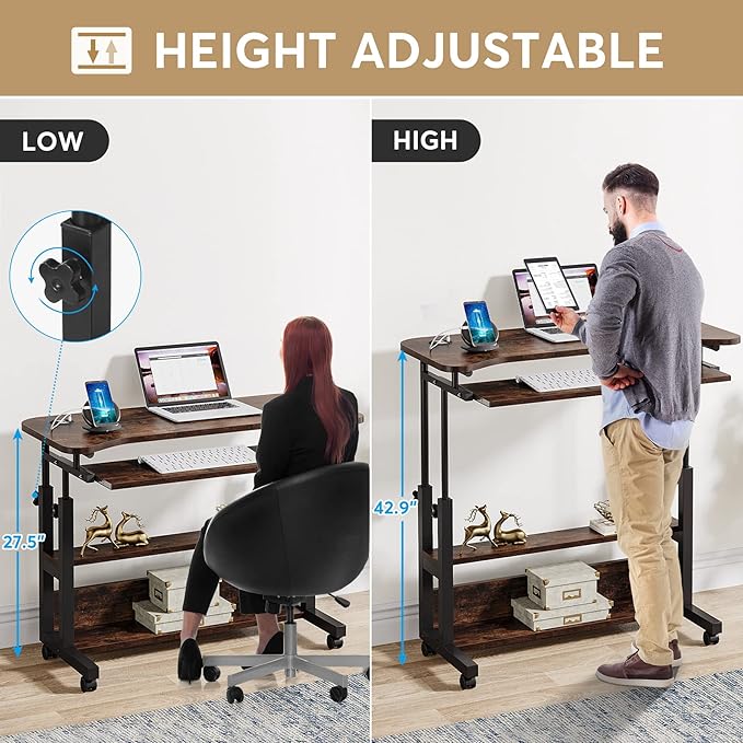 Tribesigns Portable Desk with Power Outlets, Height Adjustable Side Table Sofa Couch Bedside Laptop Computer Cart with USB Charging Ports, Mobile Small Standing Desk with Keyboard Tray