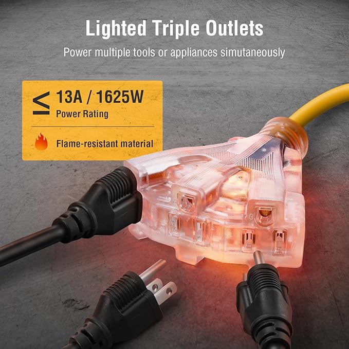 SURAIELEC 50 FT Extension Cord Reel, 14 Gauge Retractable Extension Cord, SJTOW 14 AWG/3C Heavy Duty Power Cord, 13 AMP Circuit Breaker, Lighted Triple Tap, Ceiling or Wall Mount, ETL Listed