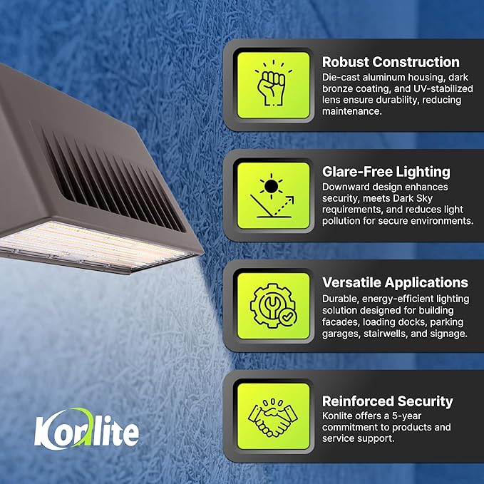 Konlite - 90W/63W/45W Full-Cutoff LED Wall Pack Lights, Selectable Wattage & CCT (5000K/4000K/3000K), LED Wall Light, Energy Efficient, Durable, Outdoor Commercial Wall Pack Light, 14,900LM
