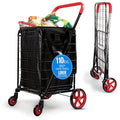 SereneLife Large Folding Utility Shopping Cart with Removable Liner – Heavy Duty, 360° Swivel Wheels, 110 lb Capacity, Portable for Groceries, Laundry, Luggage, and More (Red)