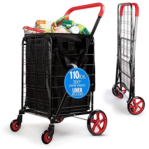 SereneLife Large Folding Utility Shopping Cart with Removable Liner – Heavy Duty, 360° Swivel Wheels, 110 lb Capacity, Portable for Groceries, Laundry, Luggage, and More (Red)