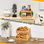 Bamboo Fruit Basket for Kitchen–2 Tier Fruit Bowl For Kitchen Counter, Large Fruit Holder With 2 Banana Hangers, Idea For Fruit and Vegetable Storage, Bread Basket, Snack Organizer(BAMBOO)
