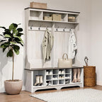 Prepac Farmhouse Washed White Hall Tree, Shoe Cabinet, Storage Cabinet with 12 Shoe Cubbies, 2 Boot Cubbies and 6 Double Coat Hooks 15.5" D x 60" W x 77" H