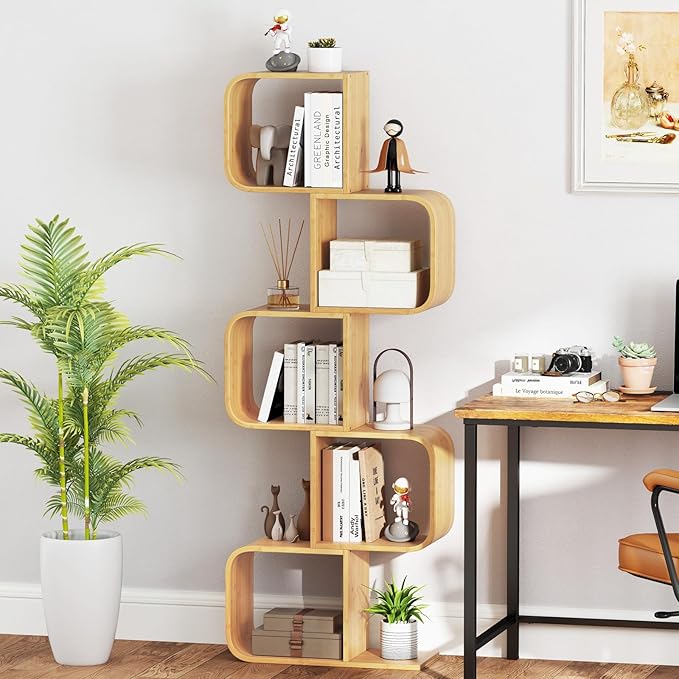 Giantex 5-Tier S-Shaped Bookcase, Bamboo Bookshelf with Open Cubes, Geometric Corner Display Shelf, Decorative Storage Organizer, Floor Storage Rack for Living Room, Home Office, Natural