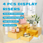 Gold Acrylic Mirrored Risers Display Stands, 4Pcs Food Risers for Buffet Table Gold, Acrylic Cube Display Stands Box Risers for Catering Dessert Perfume Collection Jewelry Party Centerpieces(Size 5",6",7",8")