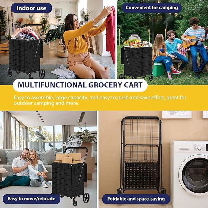 Shopping Cart for Groceries, 396 LBS Super Capacity Folding Utility Cart with Waterproof Liner, 360° Rolling Swivel Wheels Collapsible Cart, Heavy Duty Trolley for Laundry, Groceries (Jumbo+Bag)