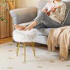 IBUYKE Faux Fur Vanity Stool Chair, Furry Makeup Stool Ottoman, Soft Padded Seat, Round Footrest Footstools with 4 Metal Legs, for Living Room Bedroom Entryway, White LG-32W