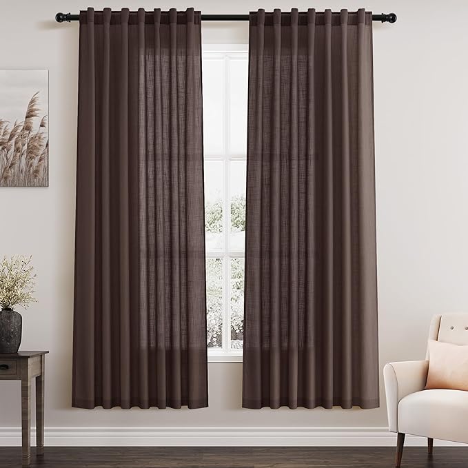 Nanspring Linen Curtains for Bedroom Back Tab Light Filtering Privacy Semi Sheer Drapes Modern Farmhouse Decor Linen Textured Gauze Curtain for Living Room Bathroom 2 Panels Set Coffee 52x72
