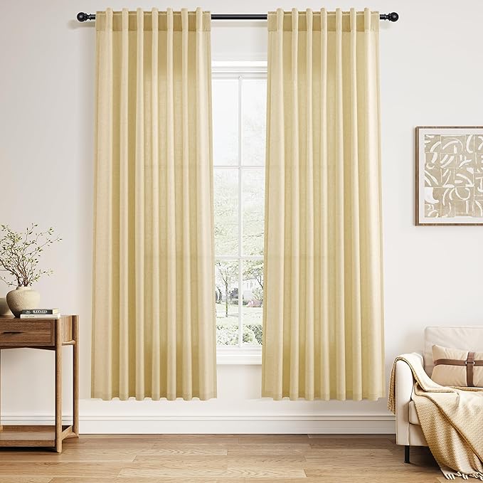 Nanspring Cream Yellow Curtains 72 Inches Long for Living Room Linen Blend Light Filtering Modern Farmhouse Semi Sheer Curtains Back Tab Privacy Neutral Curtain for Bedroom Office 52x72,2 Panels