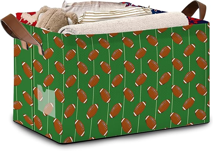 Football Storage Basket Large 17x11.5x10.5 Inches - Collapsible Sports Organizer Bin with Handles for Game Room,Toys,Laundry - Foldable Decorative Hamper with Football Pattern - Single Pack