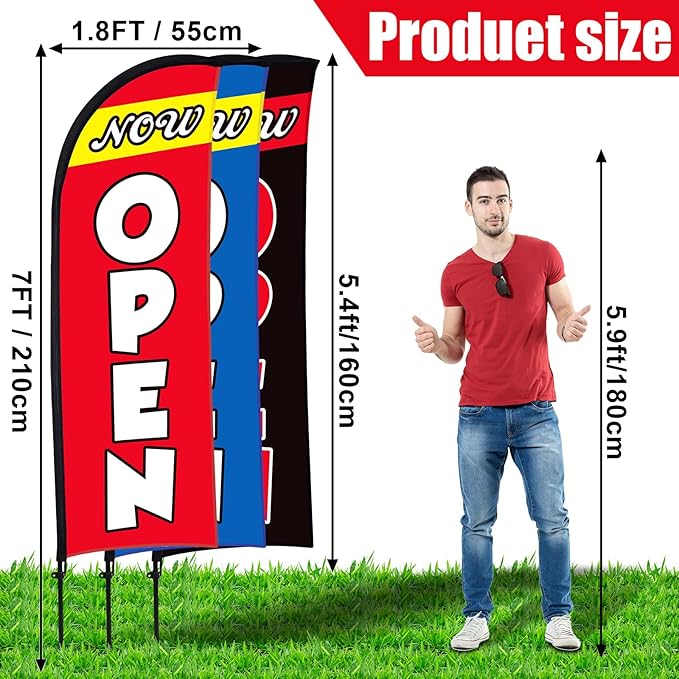 Buryeah 3 Sets Now Open Feather Flag Pole Kit for Business Advertising 7 ft Open Flag Banner Sign with Pole Kit Ground Stake and Portable Bag for Outside Ground (Multicolor)