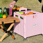 Folding Utility Cart Portable Rolling Crate Handcart Shopping Trolley Collapsible Tool Box, with Lid, Basket on 4 Rotate Wheels, for Grocery, Shopping, Office, Teacher (Pink)