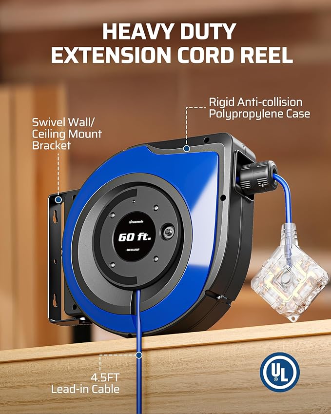 DEWENWILS 60FT Extension Cord Reel with 6 Grounded Outlets, Retractable Cord Reel, Twist-lock Stopper, 12/3C SJTOW, Retractable Extension Cord, 15A Circuit Breaker, Heavy Duty Power Cord, ETL Listed