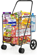 Goplus Jumbo Folding Shopping Cart with Rolling Swivel Wheels, Foldable Grocery Cart on Wheels with Double Basket, Heavy Duty Utility Cart, Shopping Carts for Groceries Laundry Book Luggage Travel