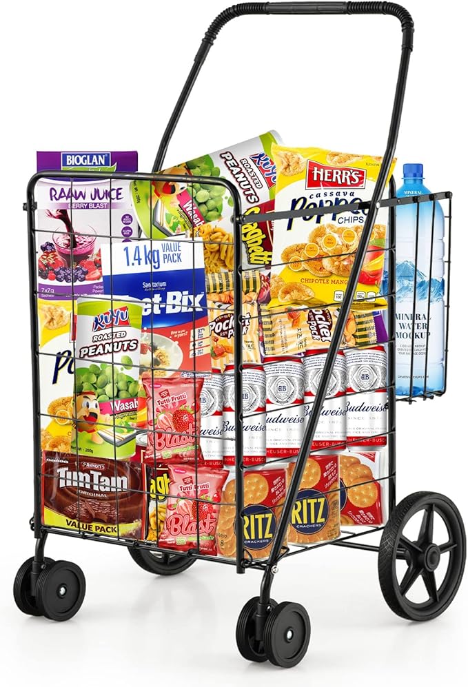Goplus Jumbo Folding Shopping Cart with Rolling Swivel Wheels, Foldable Grocery Cart on Wheels with Double Basket, Heavy Duty Utility Cart, Shopping Carts for Groceries Laundry Book Luggage Travel