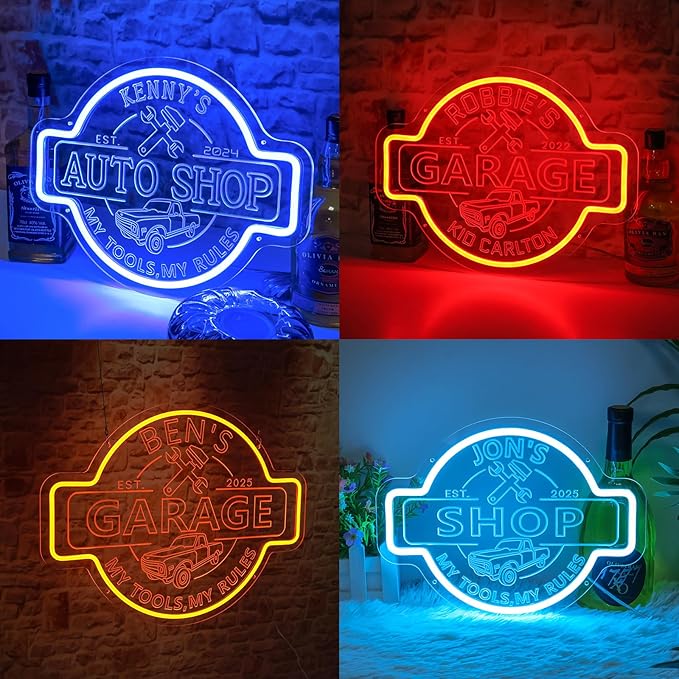 Custom Name Garage Neon Sign, Personalized LED Garage Neon Light, Customizable Mechanic Shop Light Up Sign for Man Cave, Car Repair, Auto Workshop, Home Garage Decor, Gift for Dad, Husband, Father's Day Gift