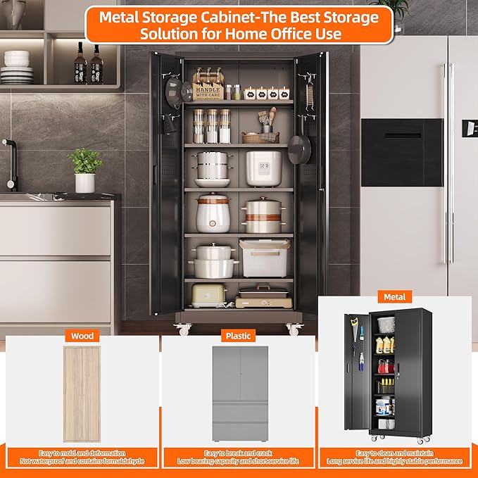 Aobabo 71" H×32" W×16" D Metal Storage Cabinet with Wheels, Garage Steel Storage Cabinet with 5 Adjustable Shelves and 4 Hooks for Home Office, Kitchen, Assembly Required, Black