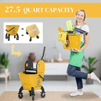 HOMCOM Mop Bucket with Wringer on Wheels for Floor Cleaning, 27.5 Quart Down Press Wringer with Handle and Mop, Yellow
