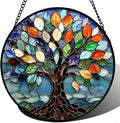 Stained Glass Window Hanging, Tree of Life Sun Catcher Glass Panel with Metal Chain, 7.88’’ Indoor/Outdoor Art Decor for Home Garden, Birthday, Christmas