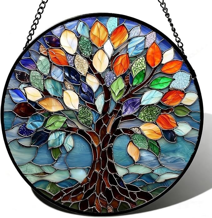 Stained Glass Window Hanging, Tree of Life Sun Catcher Glass Panel with Metal Chain, 7.88’’ Indoor/Outdoor Art Decor for Home Garden, Birthday, Christmas