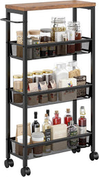 VECELO 4 Tier Slim Rolling Cart Organizer, Rolling Carts On Wheels with Storage, Sturdy Metal Frame Narrow Cart with Handle, Space Saving for Kitchen, Bathroom, Laundry, Rustic Brown