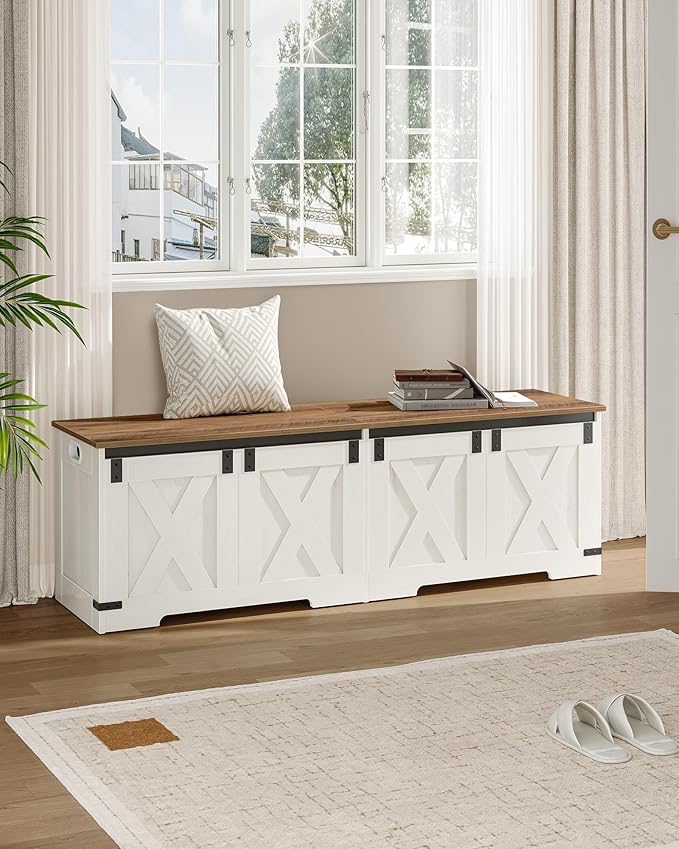 59" Storage Chest, Large Storage Trunk with 2 Hinges, Farmhouse Wooden Box Bench, Lift-Top Organizer Chest, Entryway Trunk for Bedroom, Living Room, White and Brown SB15014X