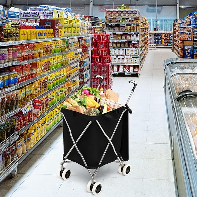 Goplus Folding Shopping Cart with Wheels, Grocery Cart with Removable Oxford Cloth Liner, Lightweight Utility Cart for Groceries Laundry Black