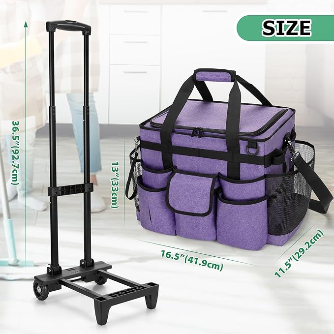 LoDrid Rolling Cleaning Caddy with Lid, Cleaning Supplies Organizer with Detachable Trolley, Cleaning Caddy Cart on Wheels with Handle and Shoulder Strap for Housekeepers, Purple, Bag Only