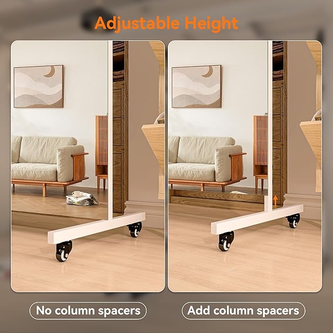 Hasipu Home Gym Mirror 360° Swivel on Wheels, 74.8" x 35.4" Extra Large Full Body Rolling Mirror for Yoga Studio, Bedroom, Dancing Studio, White