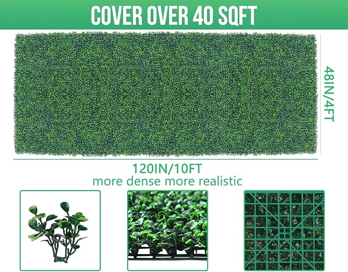 Artificial Boxwood Roll Panels,48"x 120"(40 sq.ft) UV-Anti Faux Ivy Leaves Privacy Fence Screen Grass Wall Roll Panels for Indoor Home Decor and Outdoor Garden Backyard