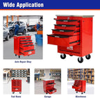 5 Drawers Tool Cart on Wheels with Stainless Steel Worktop, Heavy Duty Mobile Rolling Drawer Tool Chest with Locking Wheels & Lockable Drawers, Garage Tool Storage Cabinet (Red, 5 Drawers)