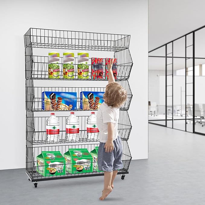 5 Tier Retail Display Rack, Rolling Storage Rack 5 Layers 35.43*16.93*53.54in Metal Display Shelf Fruit Vegetable Snack Basket Storage Supplies for Home Store Market (Black, 90*43*136cm)
