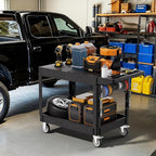 2 Tier Plastic Rolling Utility Cart on Wheels, Heavy Duty Tool Cart with Deep Shelves and 360° Swivel Wheels Holds up to 550 lbs, Service Cart for Garage, Warehouse, Cleaning (Black-L-Flat Top)