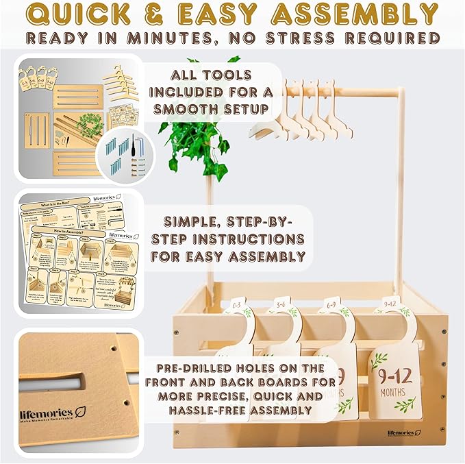 Wooden Baby Shower Crate Closet with Clothes Hangers & Dividers, Large Gift Basket for Boys & Girls, Wood Box Storage & Display with Handles & Ivy Garland, Welcome Gifts for New Parents