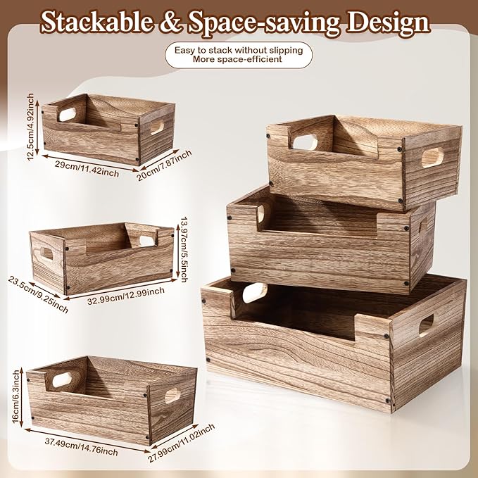 3 Pcs Decorative Wood Crates for Display, 3 Size Large Rustic Nesting Crates with Handles Farmhouse Wooden Box Basket Container