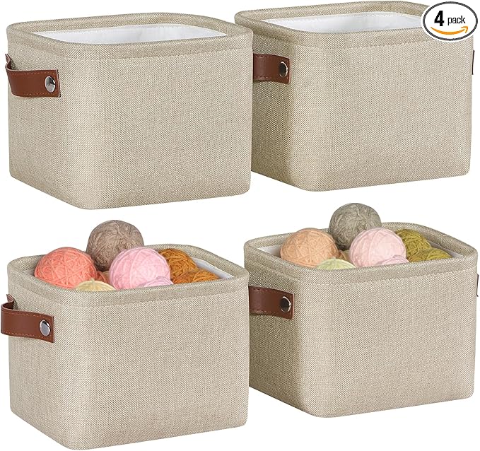Kntiwiwo Small Fabric Storage Bins, 7.8x6.7x5.9 inch Mini Storage Cubes 4-Pack Storage Basket for Makeup Collapsible Fabric Storage Organizer with Handles, Decorative Basket for Desk, Shelves, Brown