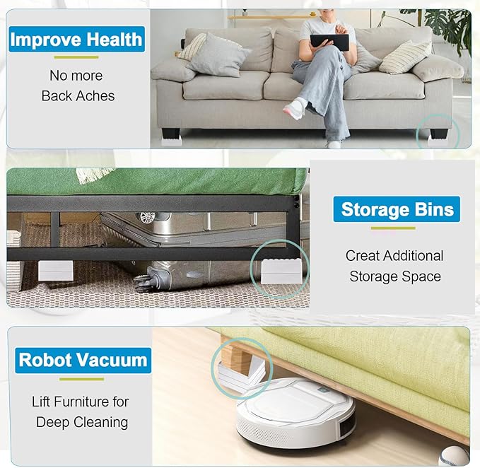Bed Risers 1 inch, 2 inch, 3 inch, 4 inch Heavy Duty, Adjustable Furniture Riser for Table Desk Couch Sofa Chair Recliner Leg Frame Dorm, Stackable Bed Raisers Blocks (White 16 Pack, 1 inch)