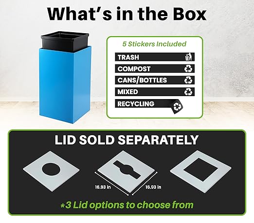 Alpine Industries 29 Gallon Commercial Indoor Recycle Bin with Lid, Blue Metal Container with Optional Lids