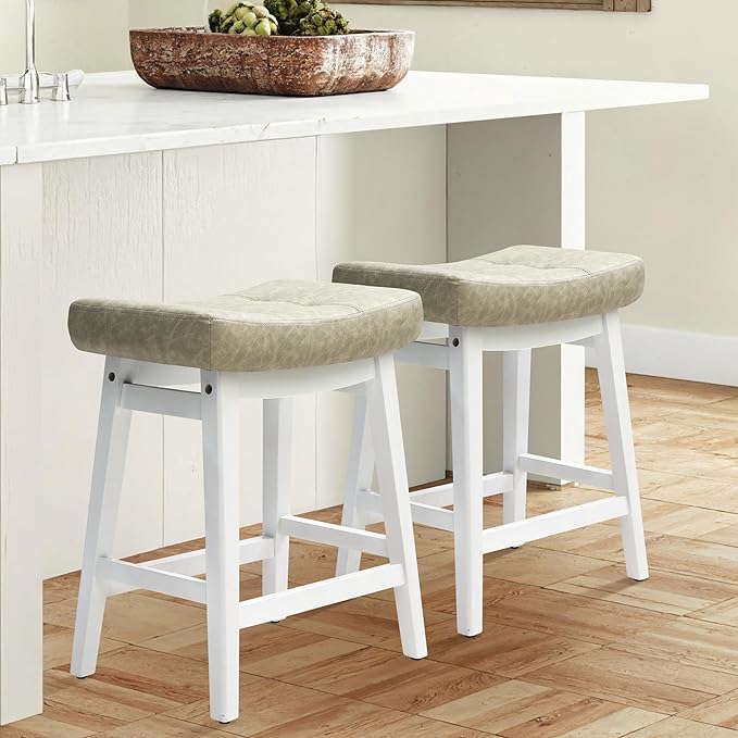Counter Height Bar Stools Set of 2 for Kitchen Counter Farmhouse Modern Barstools with Faux Leather Upholstered Backless Seat and Solid Wood Legs 24 inch Bar Chairs, Light Grey + White