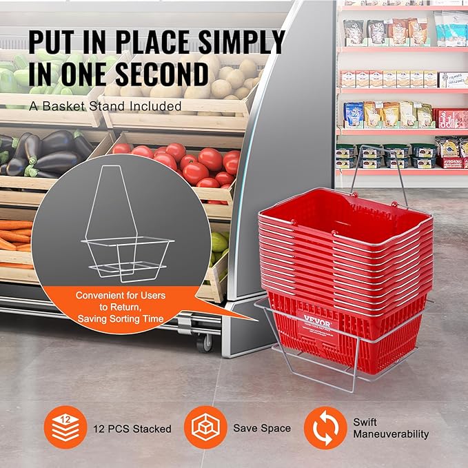 VEVOR Shopping Basket Set, 12 x 21L Durable Plastic Grocery Basket with Metal Handle and Stand, 16.73 x 12.01 x 8.58 inch Portable Shop Basket for Retail Store Supermarket Grocery Shopping, Red
