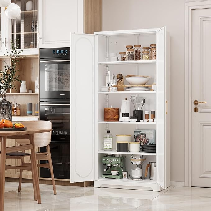 Kitchen Pantry Cabinet,71”Metal White Storage Cabinet with Doors and Shelves,Tall Cabinet with 2 Gold Hands for Dinning Room,Living Room