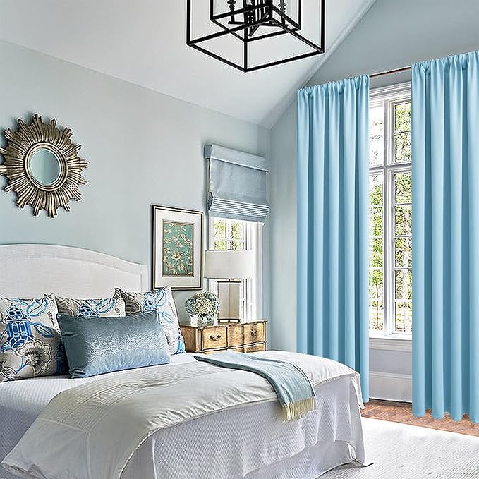 JIUZHEN Blackout Curtains for Bedroom– Thermal Insulated,Noise Reducing Room Darkening Privacy Drapes for Living Room, Set of 2 Panels with Tiebacks, 38 x 63 inch Long, Light Blue