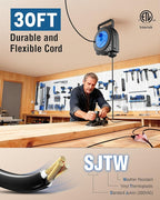 SURAIELEC 30 FT Retractable Extension Cord Reel, 16 Gauge Power Cord with 3 Lighted Outlets, 10A Circuit Breaker, Wall/Ceiling Mount for Garage, Workshop, ETL Listed, Blue