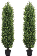 THE BLOOM TIMES 5FT Tall Artificial Cedar Topiary Trees Set of 2, UV Resistant Large Faux Cypress Evergreen Plants for Outdoor Planters, Realistic Fake Bushes & Shrubs for Front Porch Christmas Decor