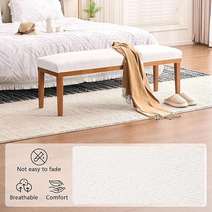 Rowill 53 Inch Long Entryway Bench for Bedroom End of Bed, Dining Room Bench with Upholstered Padded Seat and Solid Wood Leg for Kitchen, Living Room, Indoor and Hallway, Cream